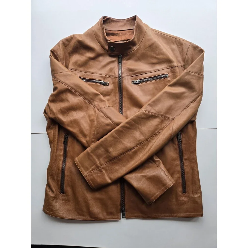 Vintage Italy-made atelier rust brown nappa leather café racer jacket - mens XL‎